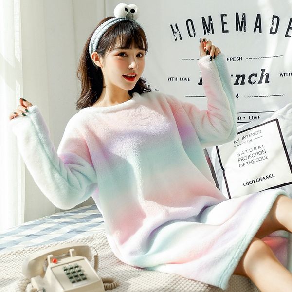 

autumn winter women o-neck nightgown flannel warm sleepwear thicken nightdress home dress lounge nightwear nightshirt  l xl, Black;red