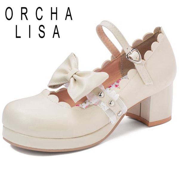 

orcha lisa ladies sweet spring autumn pumps round toe 5cm square heels platforms buckle bowtie rivets big size 30-46 date c1883, Black