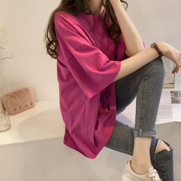 

2020solid color ulzzang women's winter loose bf harajuku style o-neck summer harajuku student short-sleeved european korean, White