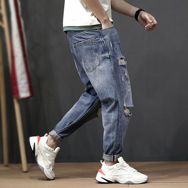 

fashion streetwear men jeans loose fit retro blue destroyed ripped harem pants wide leg baggy taper trousers hip hop jeans men