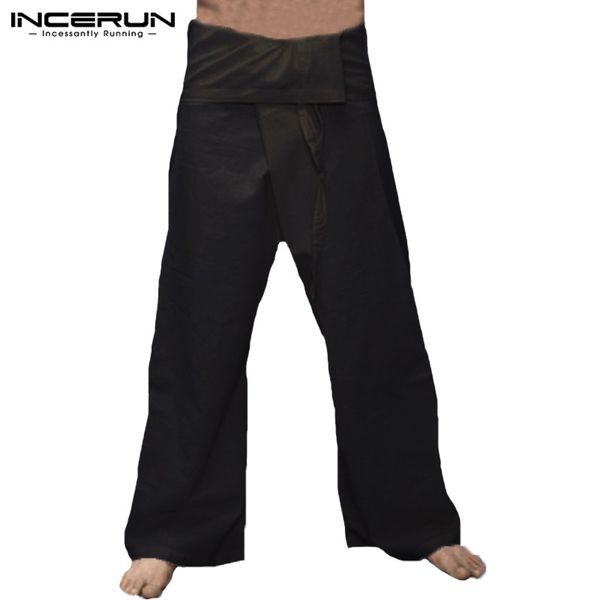 

incerun men thai fisherman pants joggers wide leg cotton lace up men casual pants 2019 solid retro baggy trousers plus size, Black
