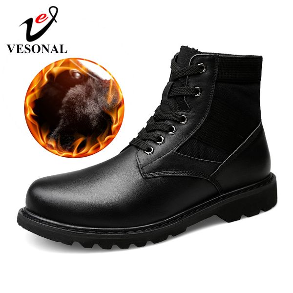 

vesonal brand genuine leather winter new short plush snow boots for male casual men ankle boots shoes business comfortable, Black