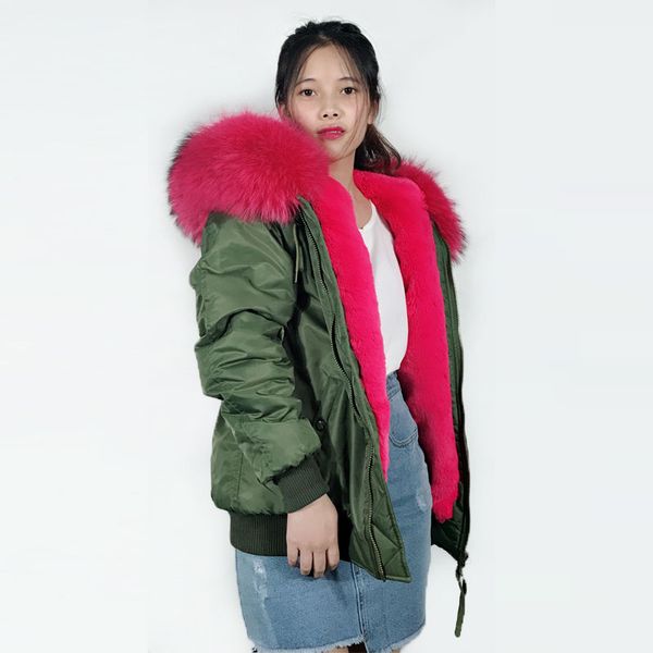 

army green bomber jacket womens with pink artificial fur inside bombers big collar winter coat pattern jacket womens, Black