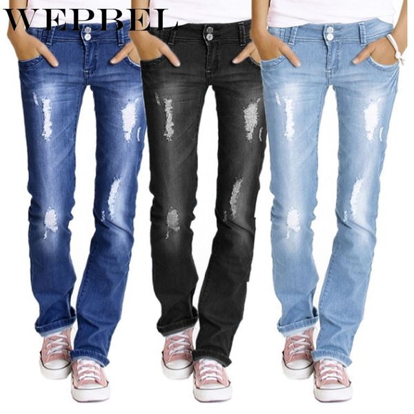 

women's jeans wepbel casual ripped mid waist hole bleached vintage full length denim pencil pants, Blue