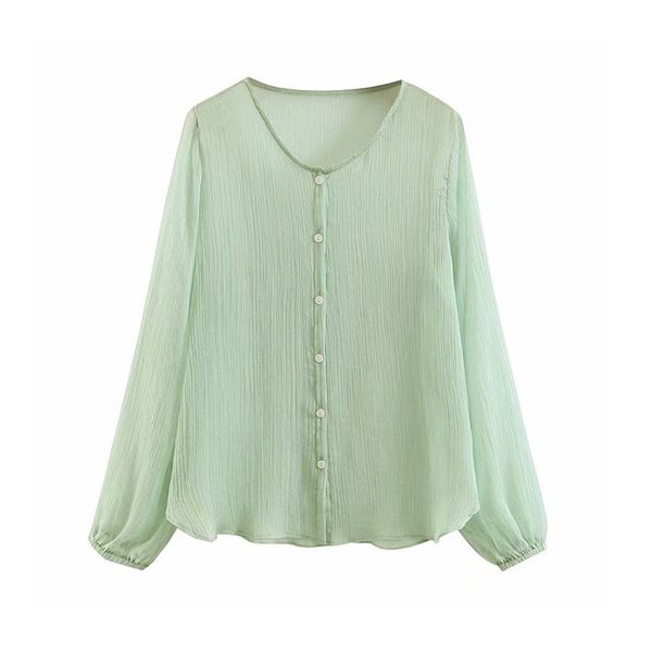 

women elegant o neck blouse transparent long sleeve female shirts stylish office wear light green blusas, White