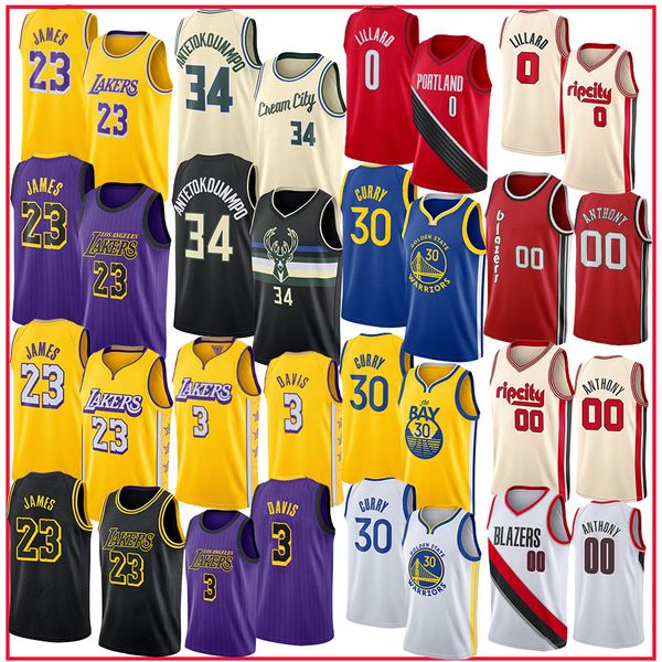 

giannis 34 antetokounmpo lebron 23 james stephen 30 curry carmelo 00 anthony anthony 3 davis damian 0 lillard men college basketball jerseys, Black;red