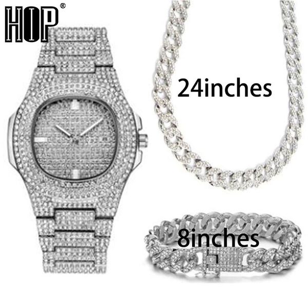 

3pcs kit necklace +watch+bracelet hip hop miami curb cuban chain gold iced out paved rhinestones cz bling for men jewelry, Silver