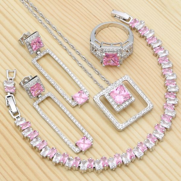 

925 silver bridal jewelry sets for women wedding accessories pink square cubic zirconia ring bracelet necklace pendant earrings, Slivery;golden