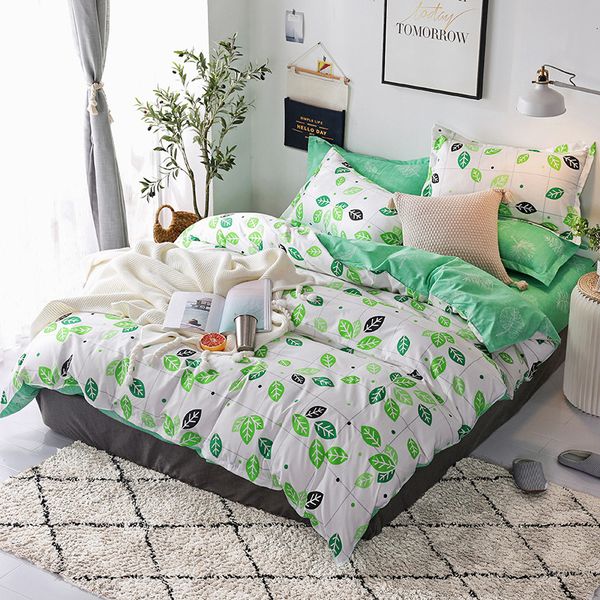 

pastoral style polyester bedding set 3/4 pcs  twin size bed cover duvet sanding fabric green leaves printing bedclothes