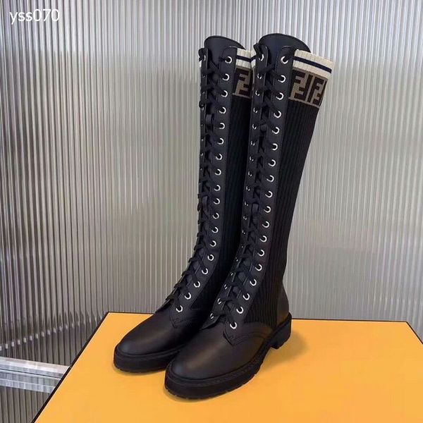 

2020 high end new autumn and winter leather stitching high boots women's straps wild socks boots luxury flat knit elastic boots, Black