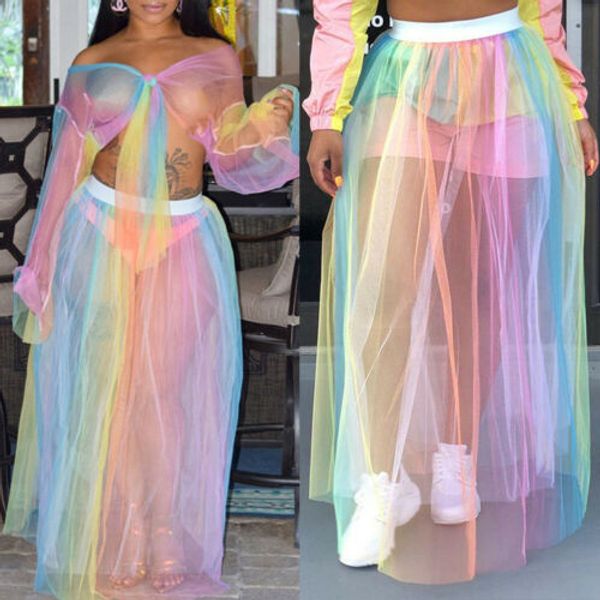 

women see-through sheer mash skirts ladies summer beach rainbow colorful cover up female casual long maxi skirt woman clothes, Black
