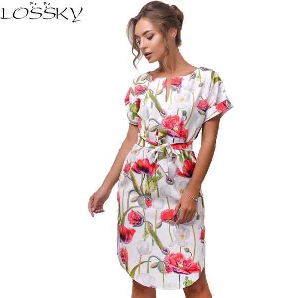

2018 spring summer printed women dress o-neck hem side split ladies dresses tie sashes short sleeve casual female vestidos, White;black