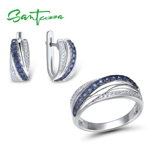 

santuzza jewelry set for women pure 925 sterling silver blue white cubic zirconia ring earrings set delicate fashion jewelry cx200623, Slivery;golden