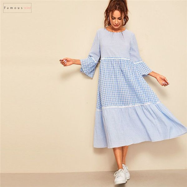 

women dress frill trim gingham striped print spring three quarter length a line maxi dress round neck sleeve loose dreess, Black;gray