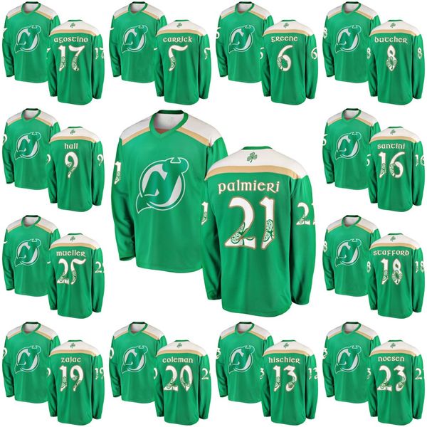 

Green 2019 St. Patrick's Day Jersey 21 Kyle Palmieri 19 Travis Zajac 8 Will Butcher 16 Steven Santini New Jersey Devils Hokcey Jerseys
