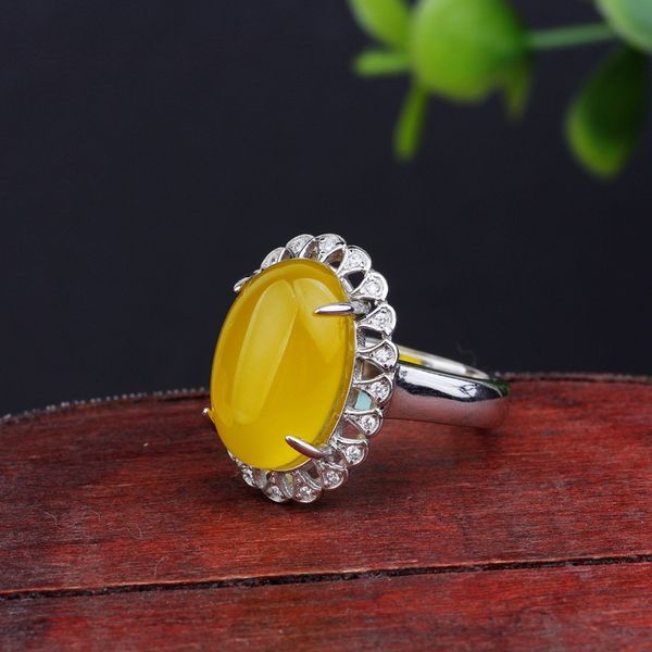 

new s925 sterling silver micro-inlay plating process claw-set chalcedony open ring women's style, Slivery;golden