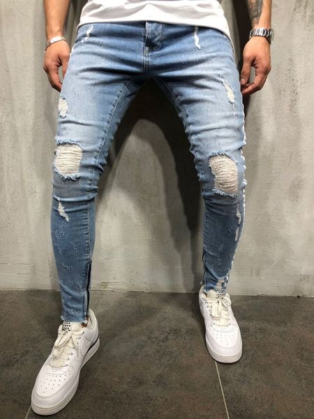 

mens cool designer brand hole jeans skinny ripped destroyed stretch slim fit casual pants holes men 80s pants dropshipping, Blue