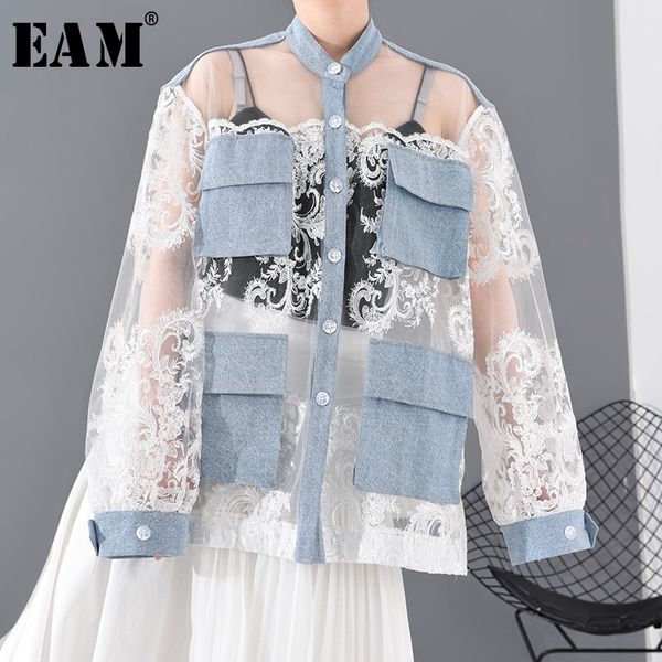 

eam] loose fit white lace perspective big size jacket new stand collar long sleeve women coat fashion tide spring 2020 ju30105, Black;brown
