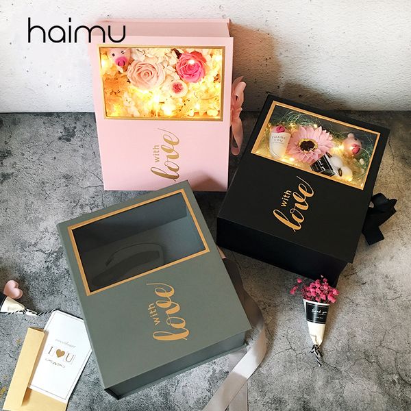 

transparent open window clamshell flower gift box with gold foil