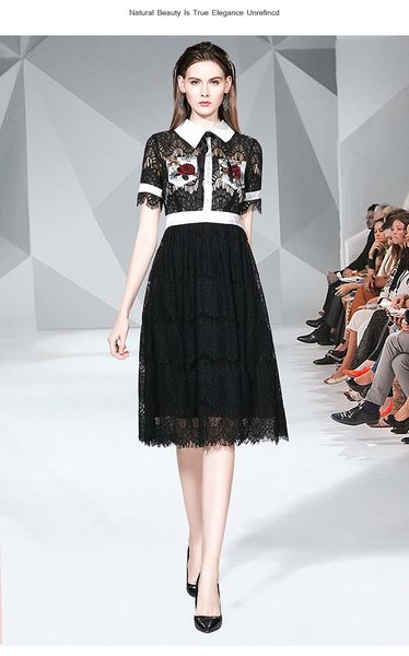 

summer 2020 short sleeve new fashion runway lace patchwork summer bow tie women dresse sweet pearls button print hollow out dress vestidos, Black;gray