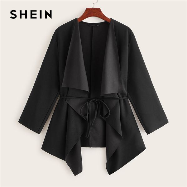 

shein black waterfall collar asymmetrical hem coat with belt women coats 2019 autumn solid 3/4 length sleeve casual outerwear, Black;brown