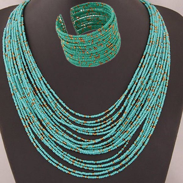 

diezi african acrylic beads jewelry sets bohemia necklaces bangles women fashion statement multilayer necklace new jewelry set, Silver