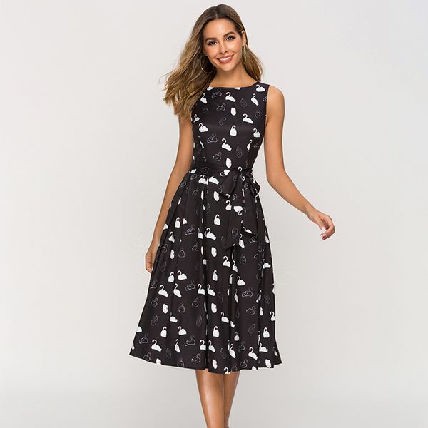 

women's sleeveless vest printed belt dress party dress, Black;gray