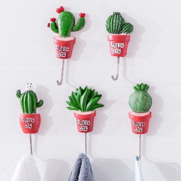 

1pcs cute plant shape door wall hanger storage hook cactus stainless steel clothes sundries no-punch sticky hooks random color