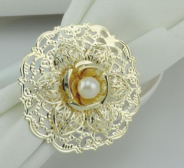 Fashion Gold Metal Flower Styles Napkin Rings White Pearls Napkin