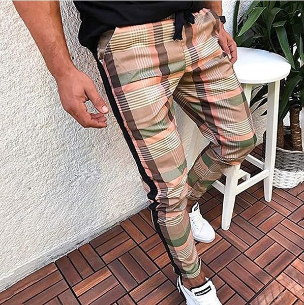 

men pencil trouser men plaid fitness jogger pants hip hop streetwear jogger pants casual drawstring close lashing pencil pants, Black
