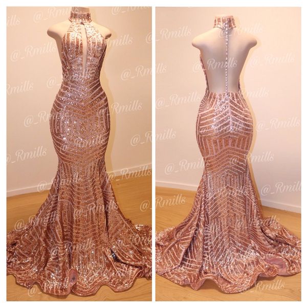 

2020 Sexy Rose Gold Backless Русалка Блестки Длинные платья выпускного вечера высокого шеи По