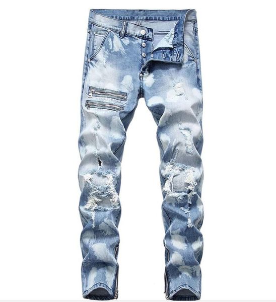 

men's ripped skinny jeans stretch distressed destroyed zipper denim pants new design male blue demin jeans
