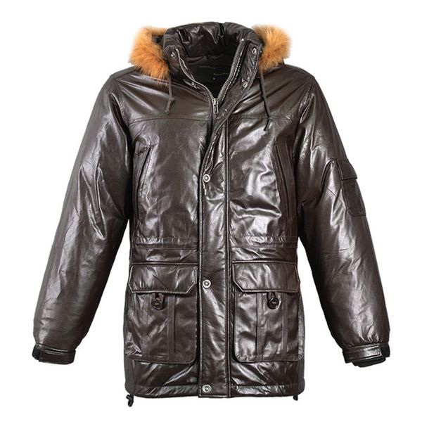

hooded genuine 2020 russia winter leather down jacket men hat removable natural sheepskin long coat male, Black