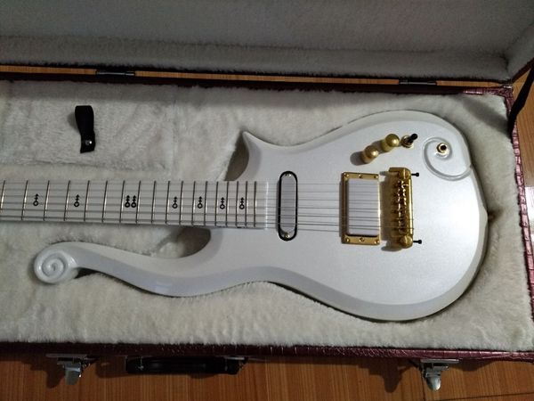 

super rare prince cloud white electric guitar alder body, maple neck, wrap around bridge, deluxe purple croco leather hardcase white inner