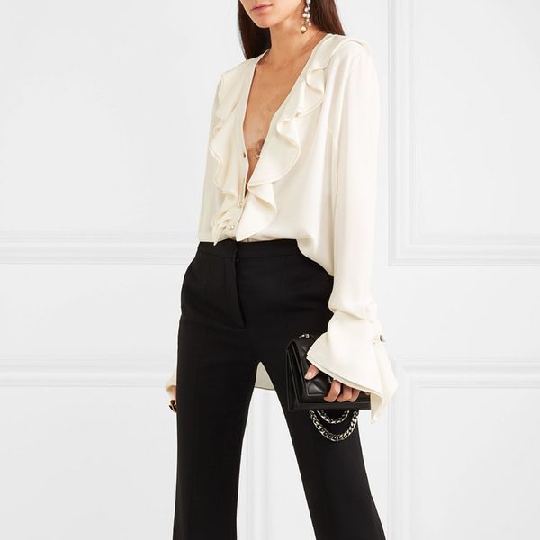 

high street women full sleeve deep v neck ruffles blouses shirt solid white work lady inside wear blouse shirts top
