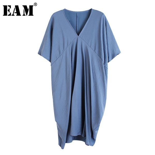 

eam] women multicolor blue brief big size dress new v-neck short sleeve loose fit fashion tide spring summer 2020 1u097, White;black