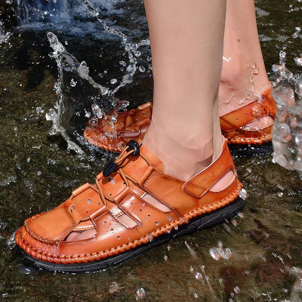 

new fashion genuine leather casual men soft sandals comfortable men summer leather sandals roman summer outdoor beach, Black