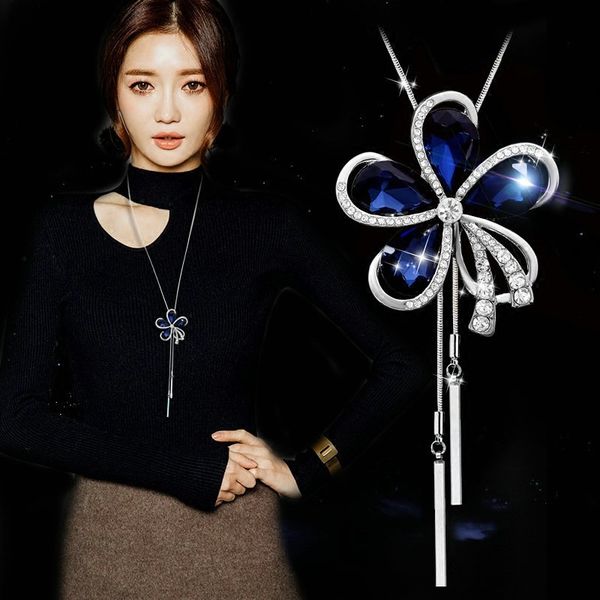 

big crystal flower long chain necklace for women fashion jewelry elegant tassel necklaces & pendants accesorios mujer collares, Silver