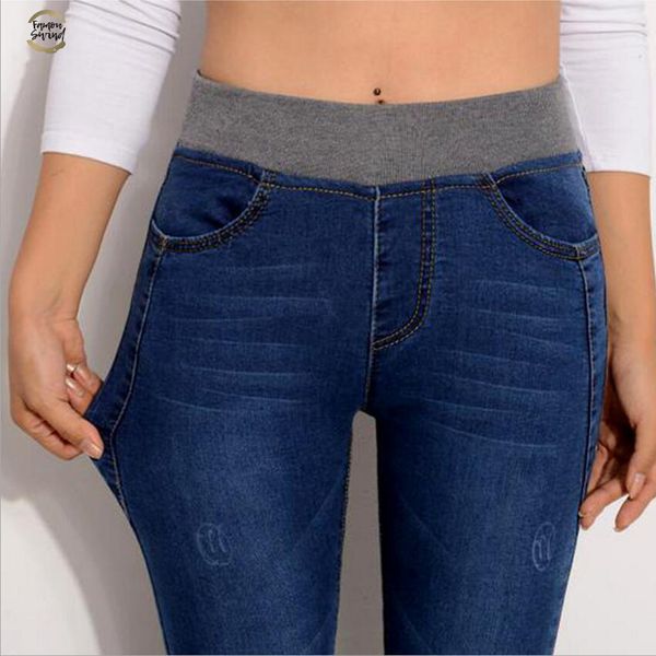 

jeans new for women plus size 26-40 casual pants high waist jeans elastic waist pencil pants fashion denim trousers, Blue