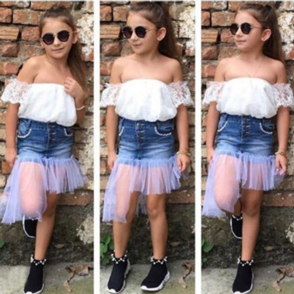 

girls two pieces set children summer suit skirts strapless + fashion mesh jeans skirts children two-piece kids casual suits, White