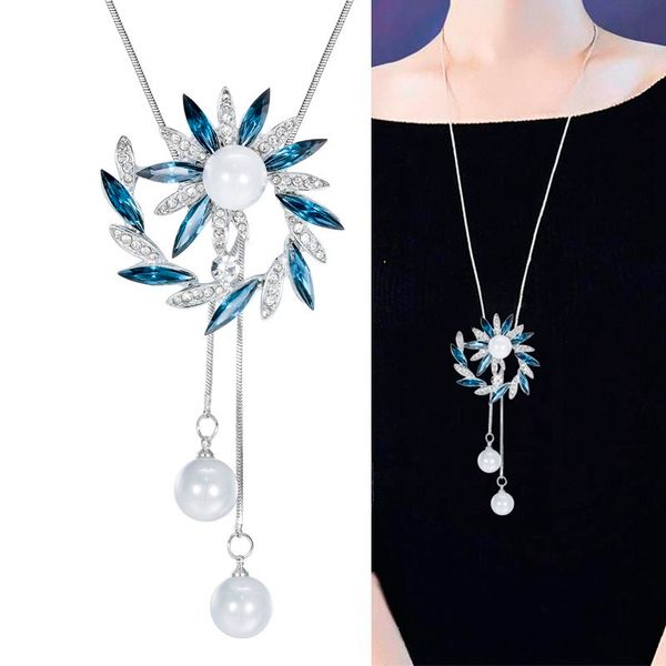 

cystal long necklaces for women jewelry 2019 fashion simulated pearl flower choker necklaces & pendants sweater chain collier, Silver