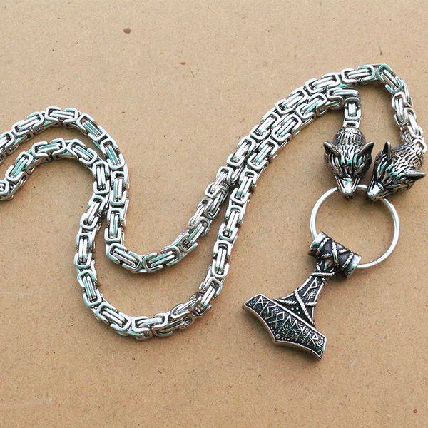 

1pcs men stainless steel wolf head chain with hammer pendant viking rune necklace thor mjolnir pendant norse jewelry, Silver