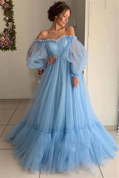 Vestidos de noite rosa azul -céu barato vintage para mulheres fora do ombro Poeta Longo de mangas compridas Tule tule tule tule tule comprimento de baile formal vestidos de festa 403