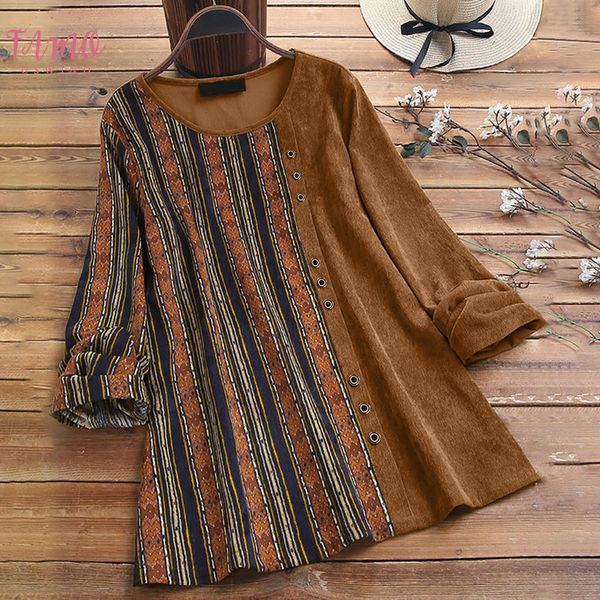 

vintage corduroy blouse shirt women stripe print patchwork long sleeve casual plus size 5xl blouses roupa feminina 2020 @45, White