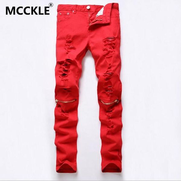 

2016 new fashion men ripped designer jeans pants slim fit knee zipper jeans men club wear bright color denim jogger q1159, Blue