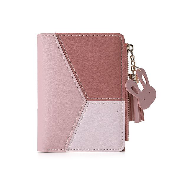 

pu short ladies zipper wallet female students vertical section stitching color tassels wild change card package, White