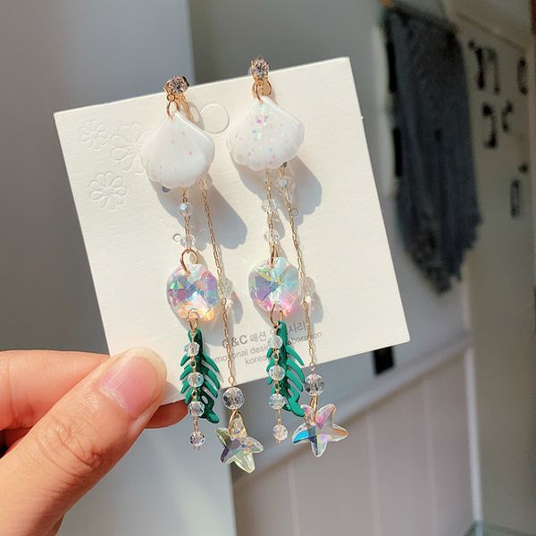 

ethnic shell water drop women dangle earrings shell leaf crystal pentagonal star long tassel bohemian earrings statement jewelry, Silver