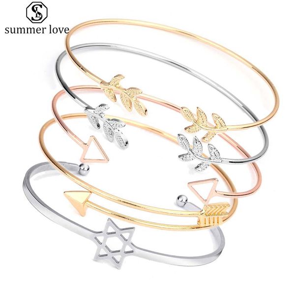 

geometric leaf wire bangle bracelet for women simple style rose gold gold cuff bracelet stackable jewelry gift, Black