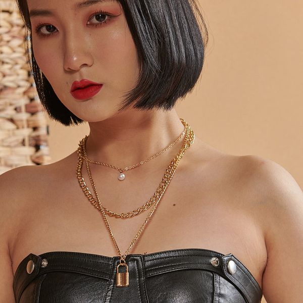 

just feel multilayer gold chain choker necklace for women padlock pendant necklaces statement collar vintage jewelry accessories, Silver