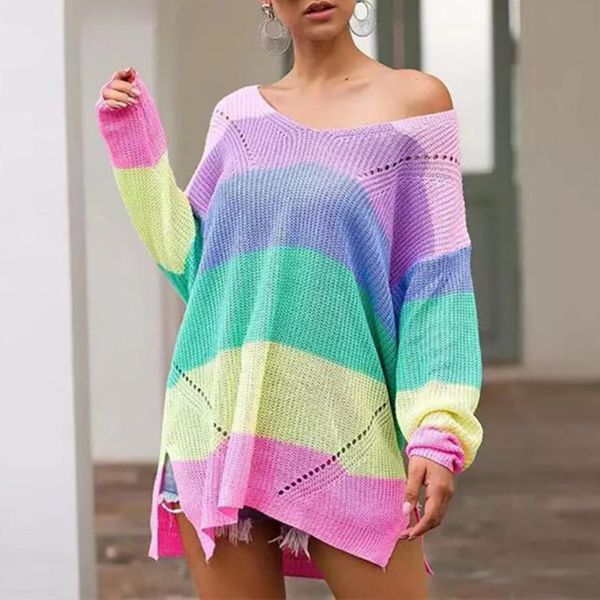 

fashion style v-neck color sweater casual loose colorful stripe pattern knit pullover long-sleeved sweater, White;black